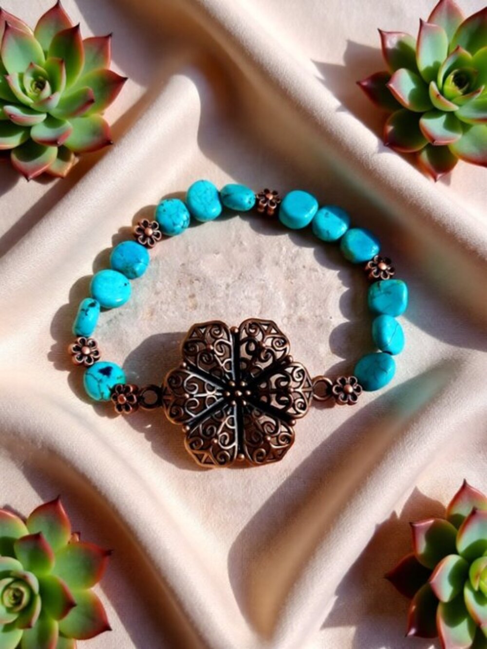 Southwestern & Boho Vibes! Chic Copper Filigree + Turquoise Howlite Bracelet 7"